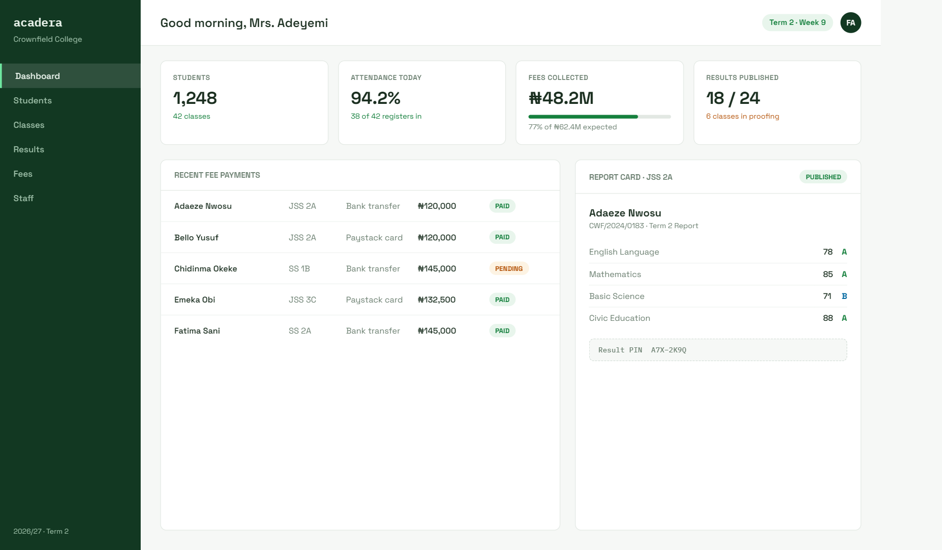 Acadera school management dashboard